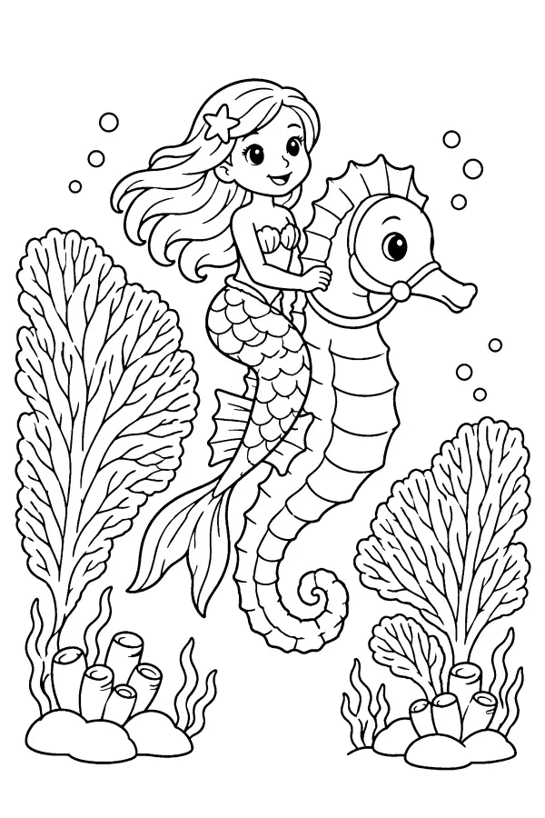 Dessin à colorier d’une sirène sur un hippocampe