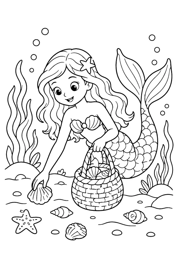 Coloriage d’une sirène ramassant des coquillages