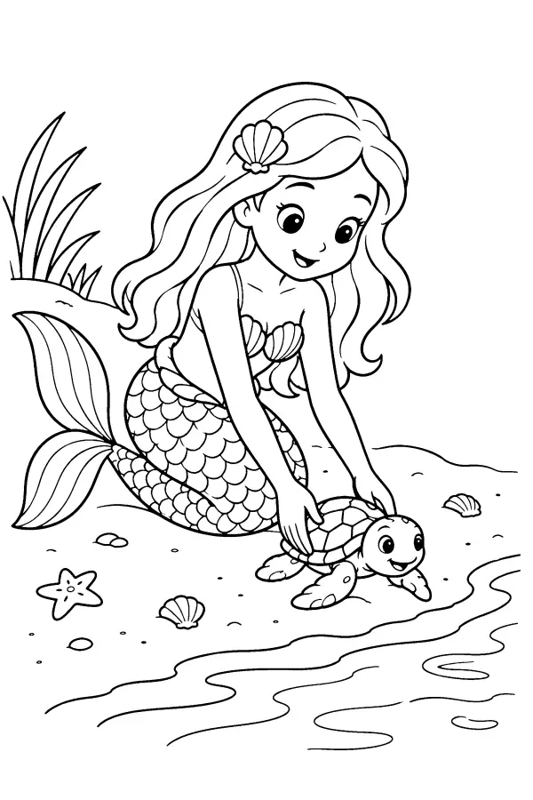 Coloriage d’une sirène aidant une tortue