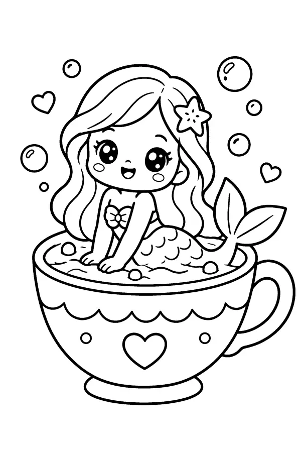 Dessin à colorier d’une sirène dans une tasse