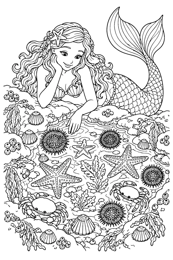 Dessin à colorier détaillé d’une sirène à la mare