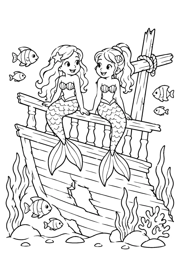 Dessin à colorier de sirènes sur une épave