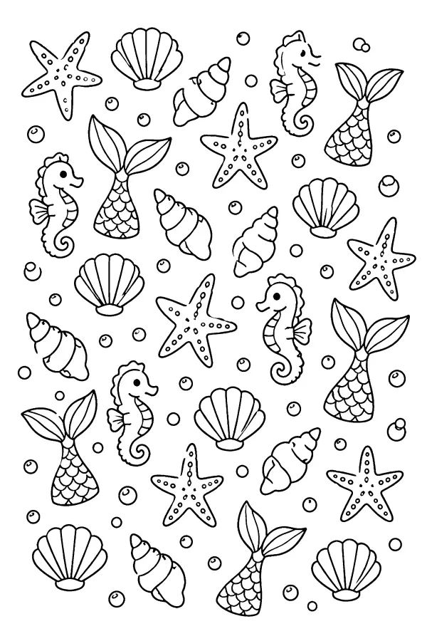 Dessin à colorier motif sirène et océan pour enfants