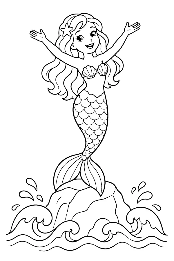Dessin à colorier d’une sirène sur les vagues