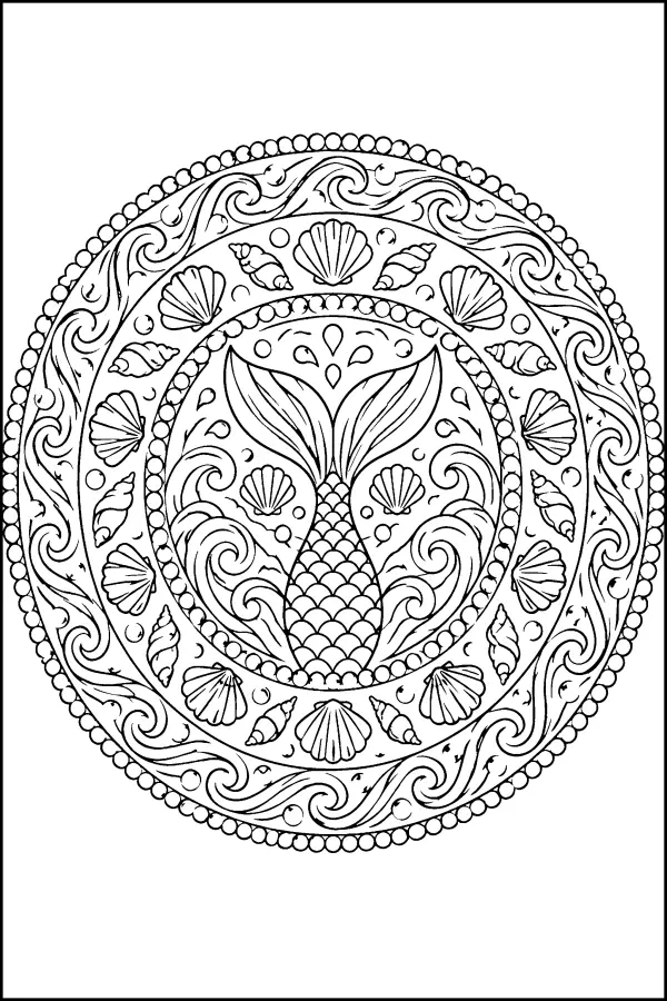 Dessin à colorier détaillé d’un mandala de sirène