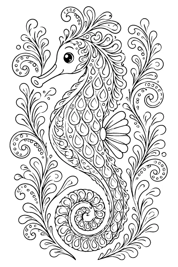 Coloriage détaillé d’un hippocampe de sirène