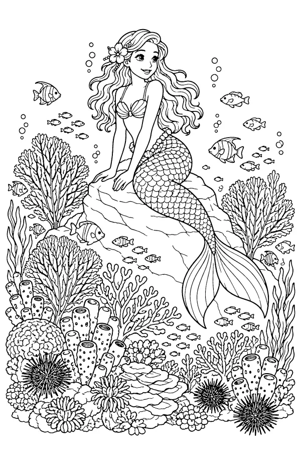Coloriage détaillé d’une sirène sur un récif