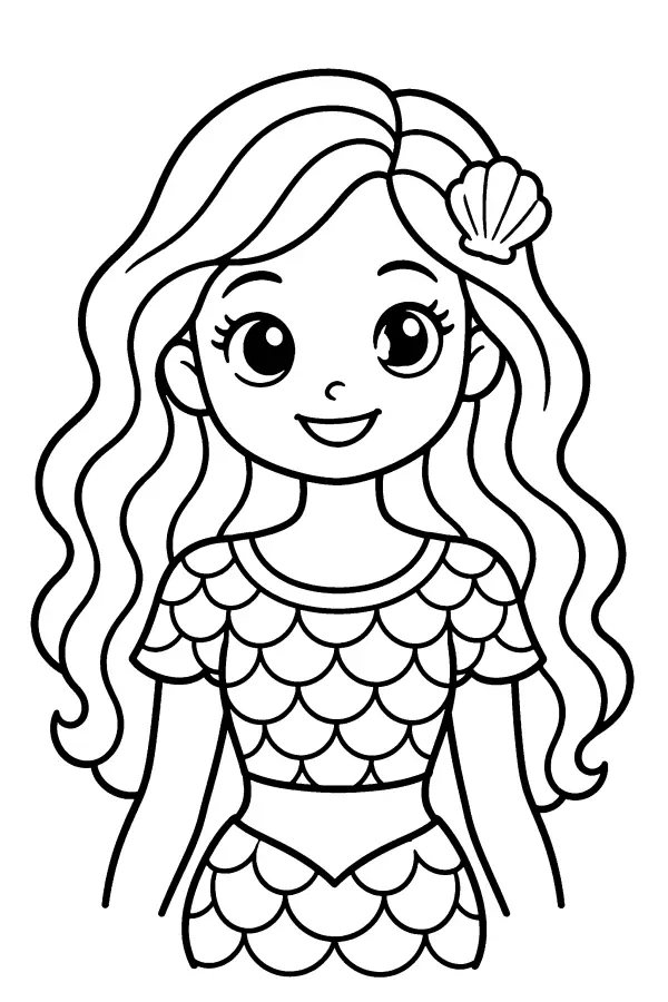 Coloriage d’une sirène avec coquillage dans les cheveux