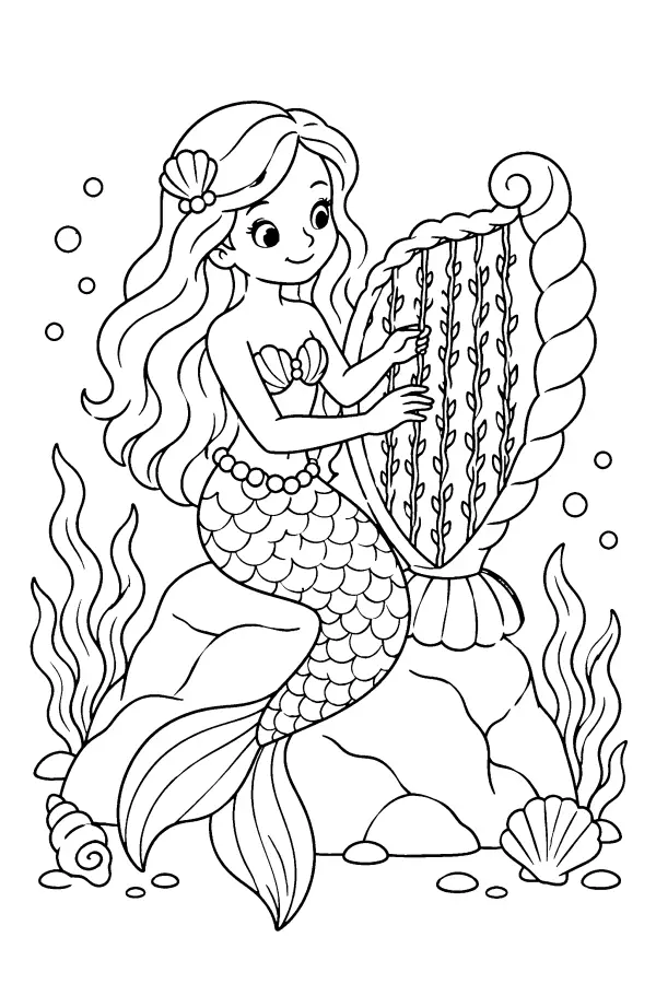 Dessin à colorier d’une sirène musicienne