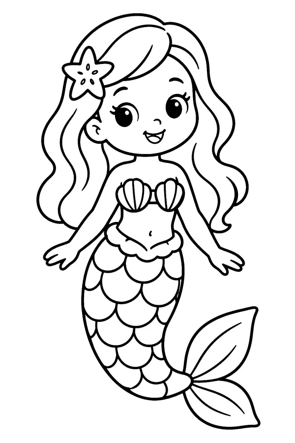 Coloriage d’une sirène au haut de coquillages