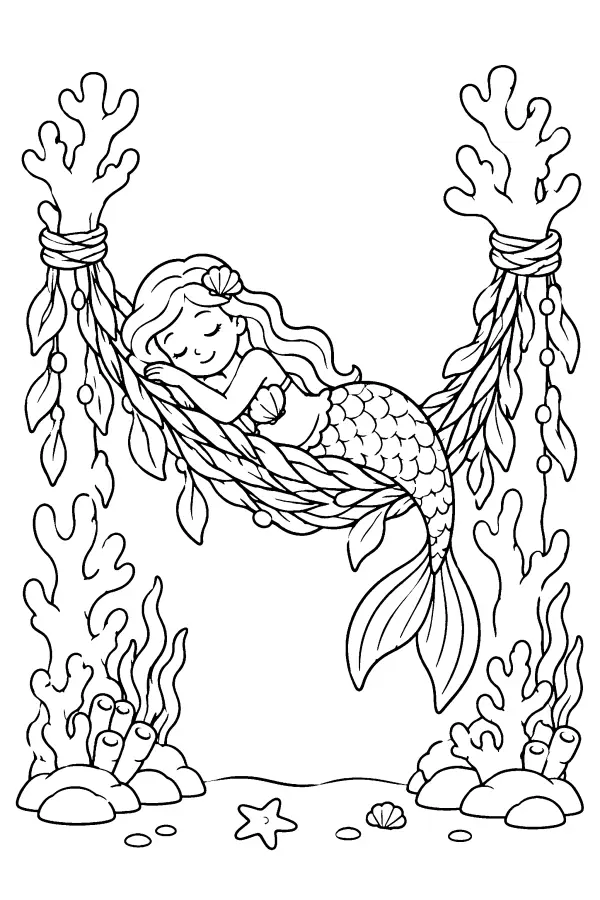 Coloriage d’une sirène endormie dans un hamac