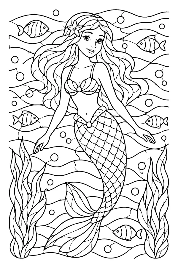Coloriage détaillé d’une sirène en style vitrail