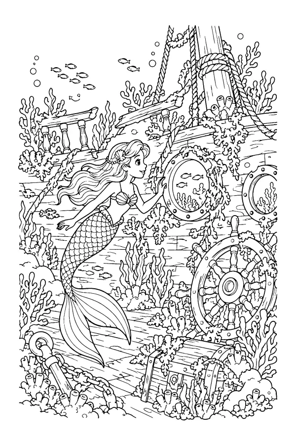 Dessin à colorier détaillé d’une sirène près d’une épave