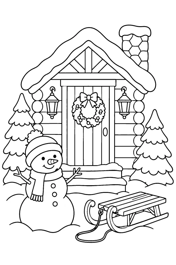 Snowman By Cabin