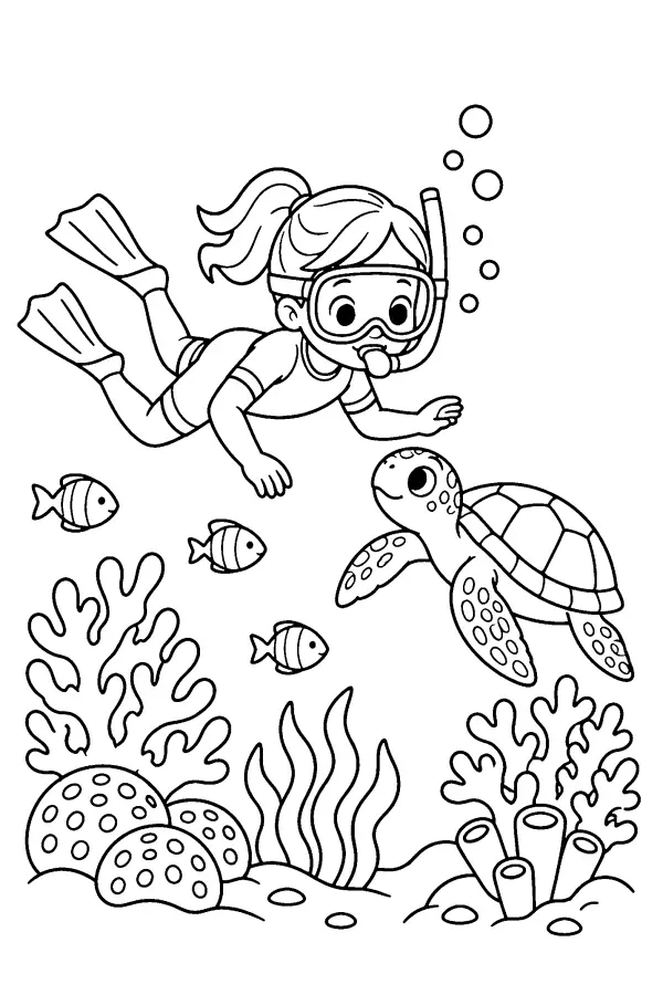 Snorkeler And Turtle
