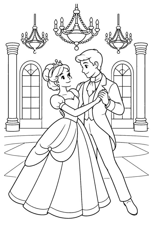 Coloriage d’une princesse qui danse au bal