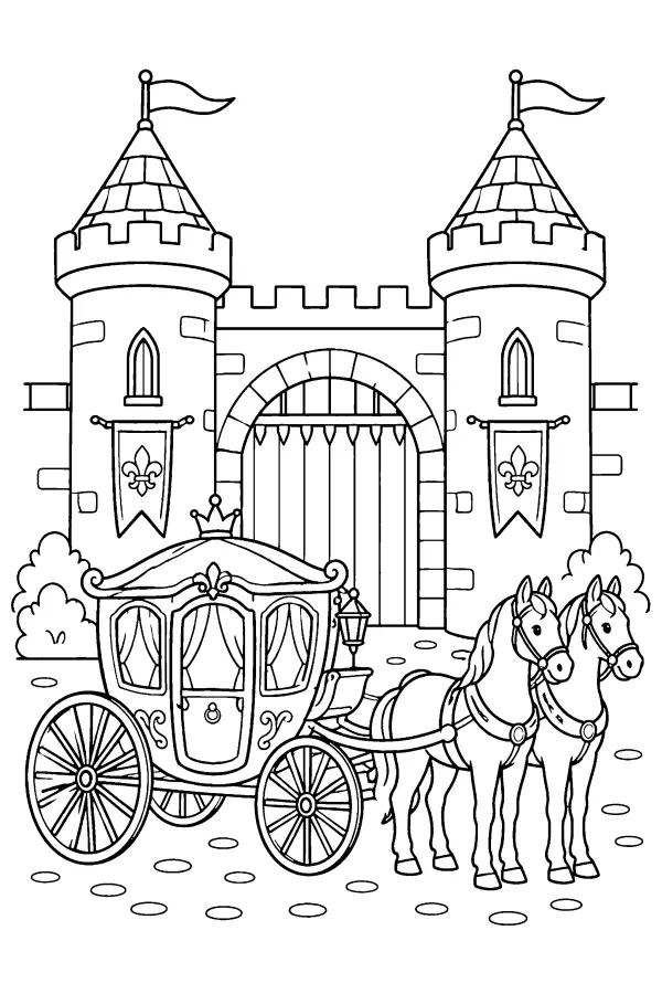Coloriage d’un carrosse de princesse devant le château