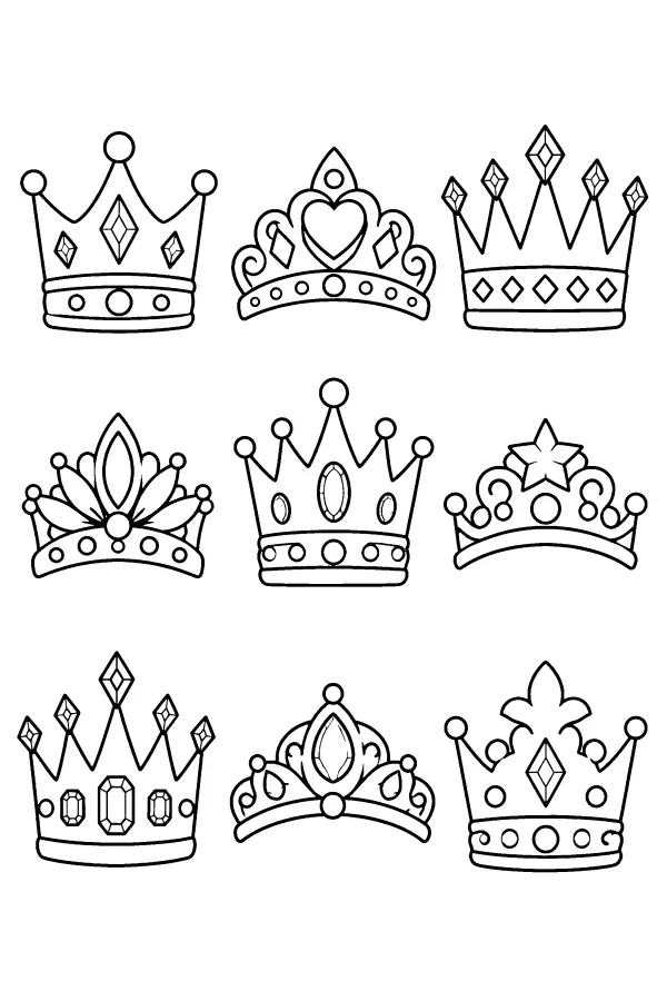 Coloriage de neuf couronnes et diadèmes de princesse