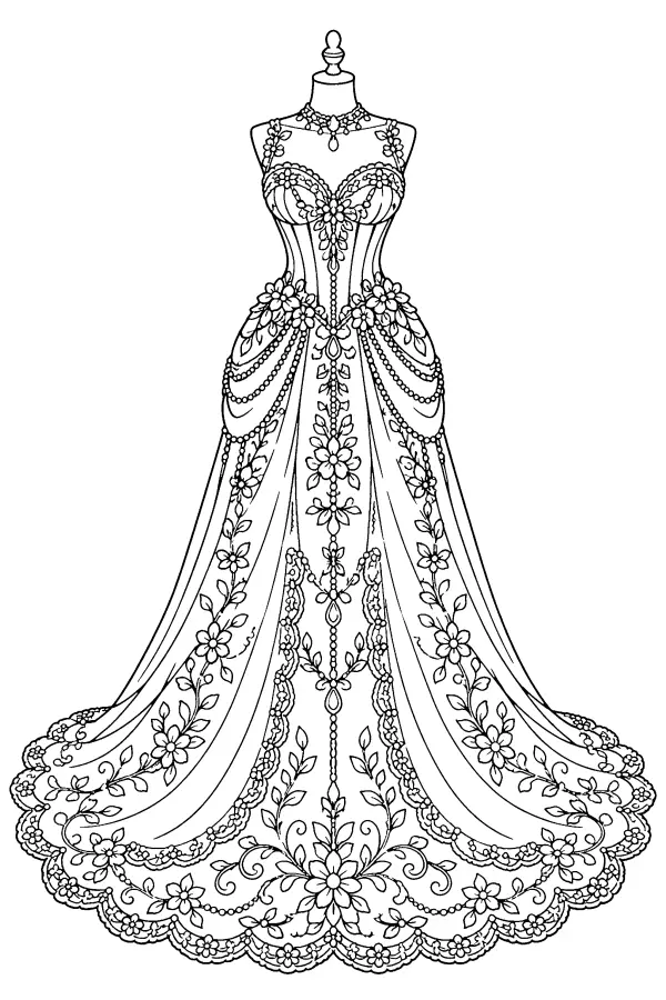 Coloriage détaillé d’une robe de princesse brodée