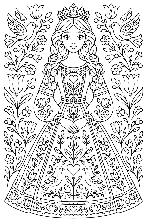 Dessin à colorier détaillé d’une princesse folklorique