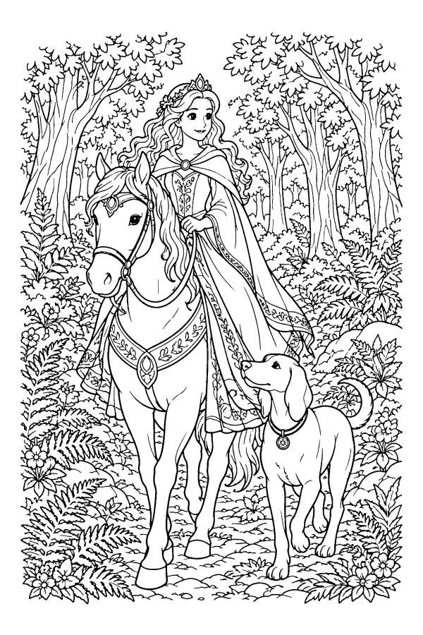 Dessin à colorier détaillé d’une princesse cavalière