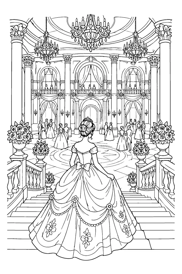 Coloriage détaillé d’une princesse au bal