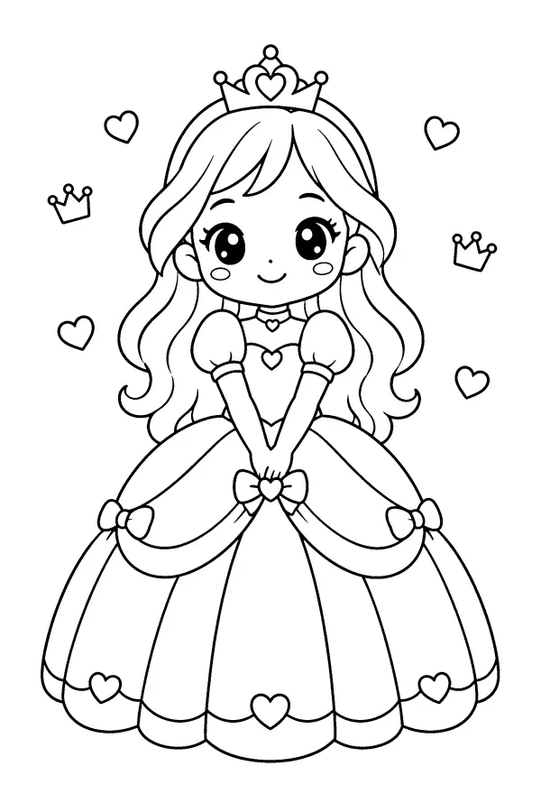 Coloriage d’une princesse entourée de cœurs