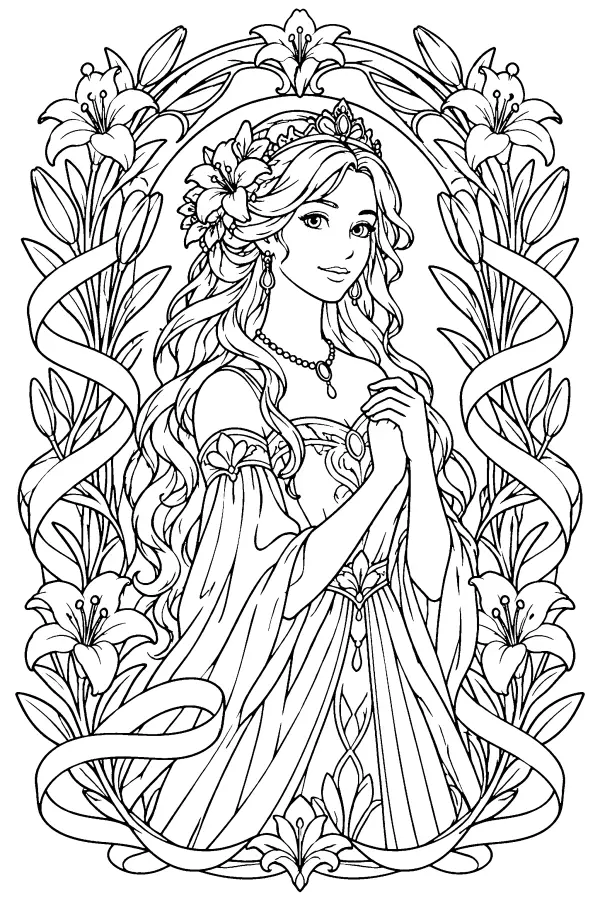 Dessin à colorier détaillé d’une princesse aux lys