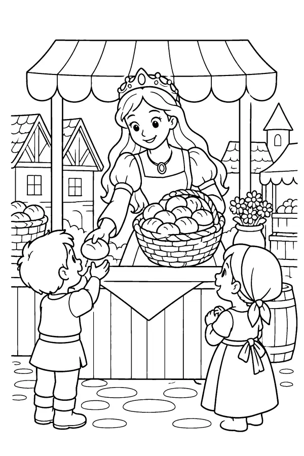 Dessin à colorier d’une princesse au marché