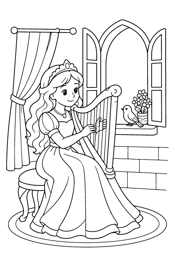 Coloriage d’une princesse jouant de la harpe