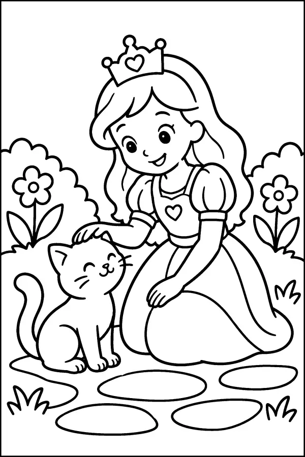 Coloriage d’une princesse caressant un chat