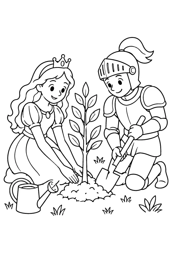 Coloriage d’une princesse plantant un arbre