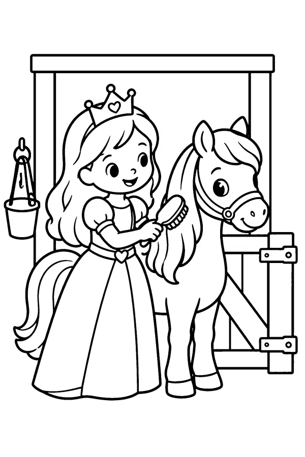 Coloriage d’une princesse brossant un poney