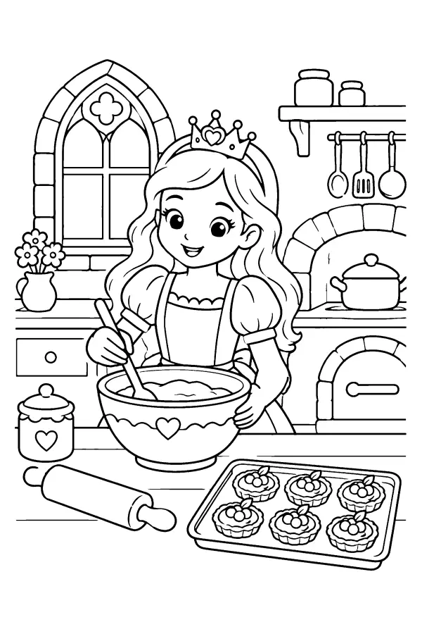 Dessin à colorier d’une princesse qui pâtisse