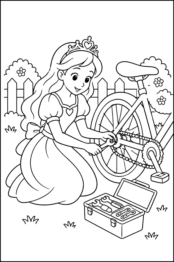Coloriage d’une princesse qui répare un vélo