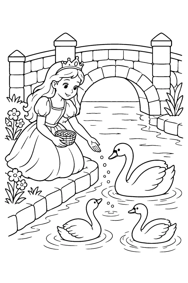 Dessin à colorier d’une princesse et des cygnes