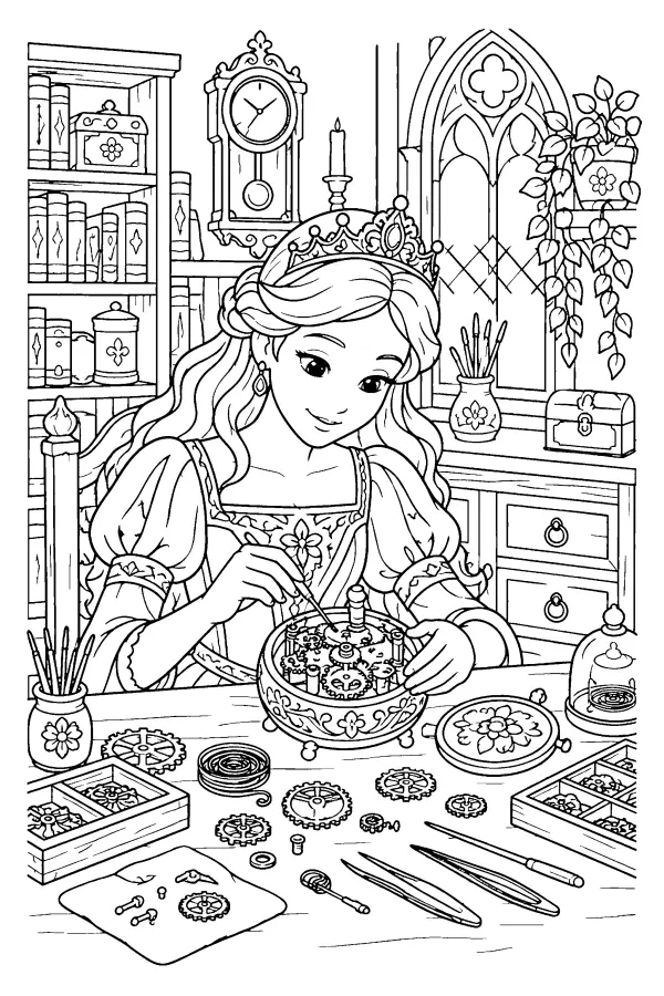 Coloriage détaillé d’une princesse horlogère