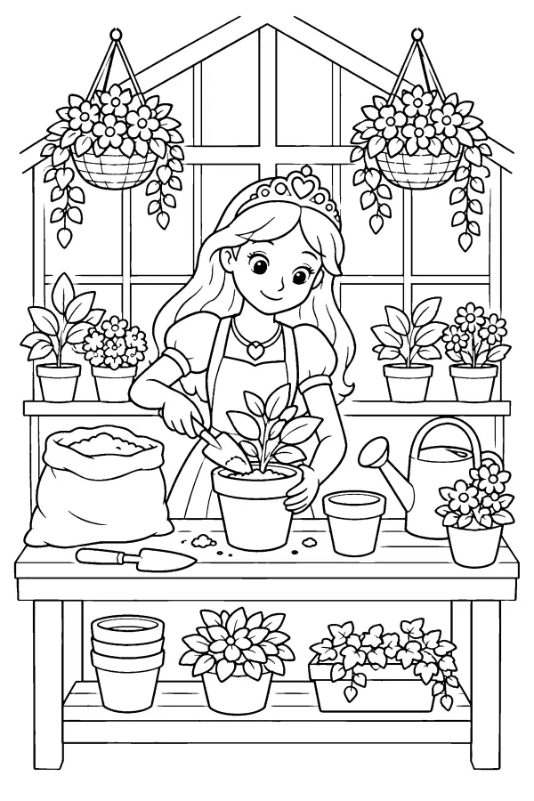 Coloriage d’une princesse dans une serre