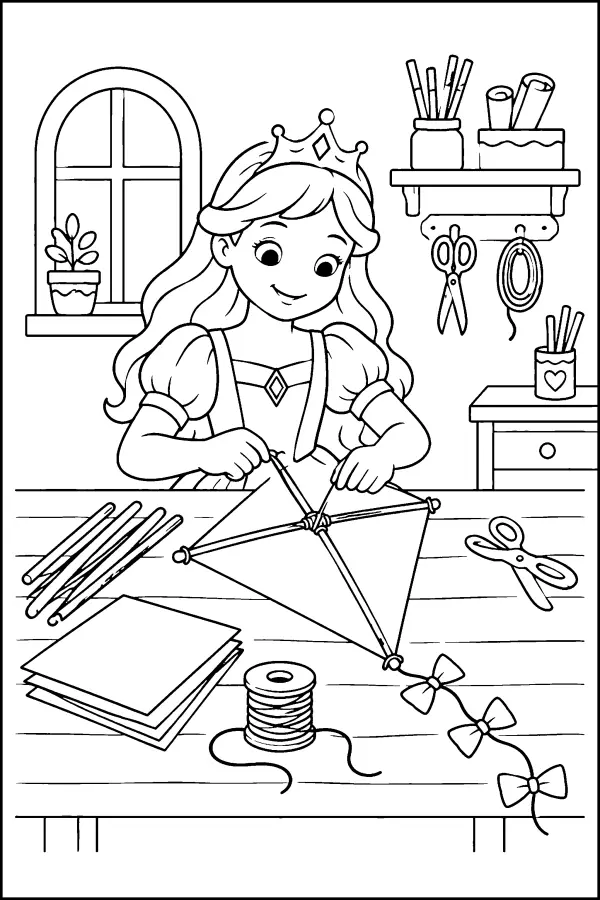 Coloriage d’une princesse fabriquant un cerf-volant