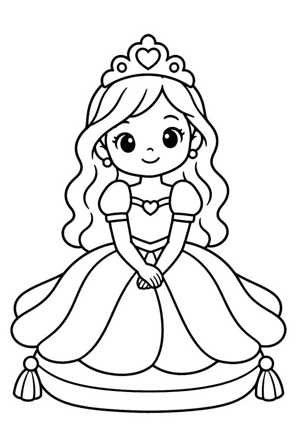 Coloriage d’une princesse assise sur un coussin