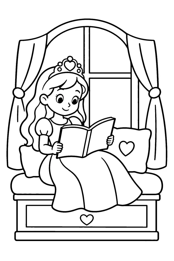 Coloriage d’une princesse qui lit à la fenêtre