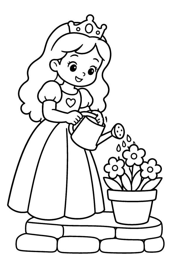 Dessin à colorier d’une princesse qui arrose