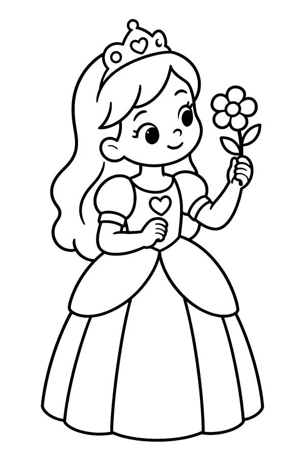 Coloriage facile d’une princesse tenant une fleur