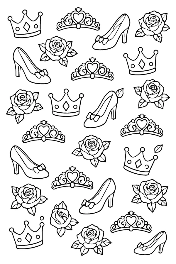 Coloriage motif de couronnes et roses de princesse
