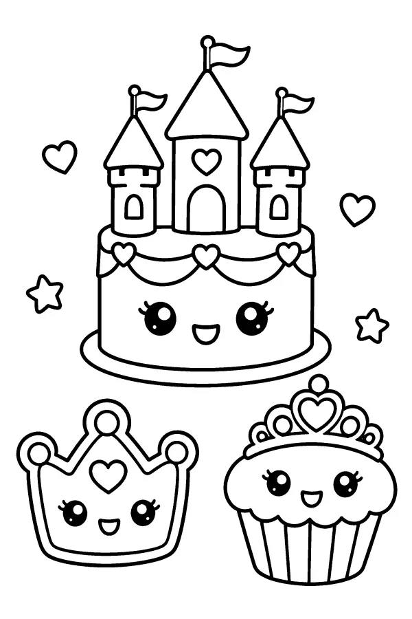 Coloriage de gâteaux de princesse souriants