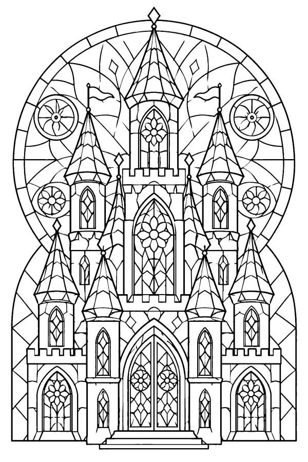 Coloriage détaillé d’un château de princesse en vitrail