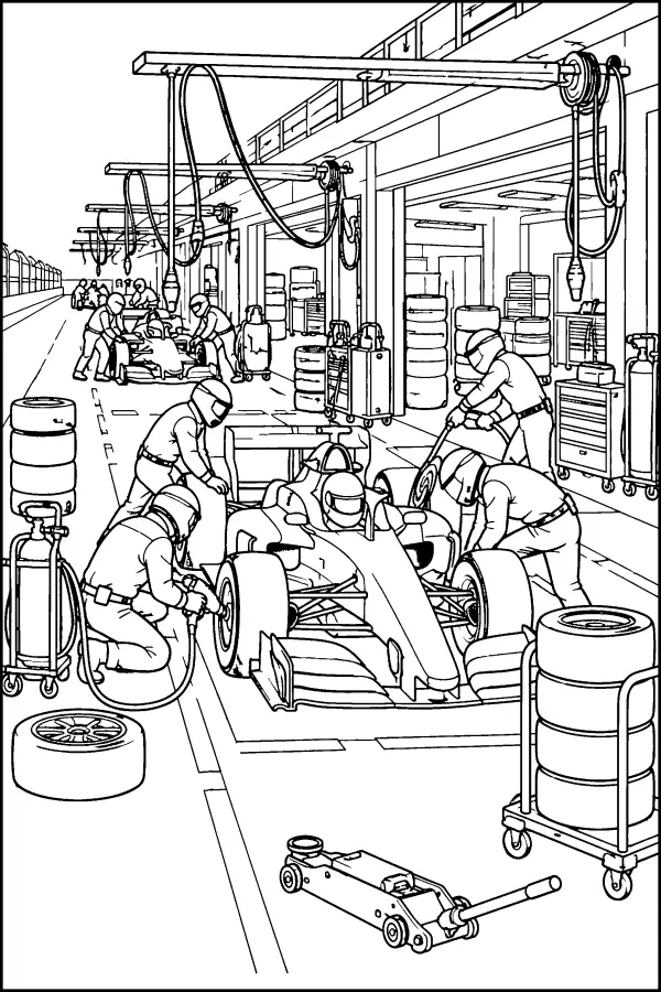 Dessin à colorier d’un stand de voiture de course