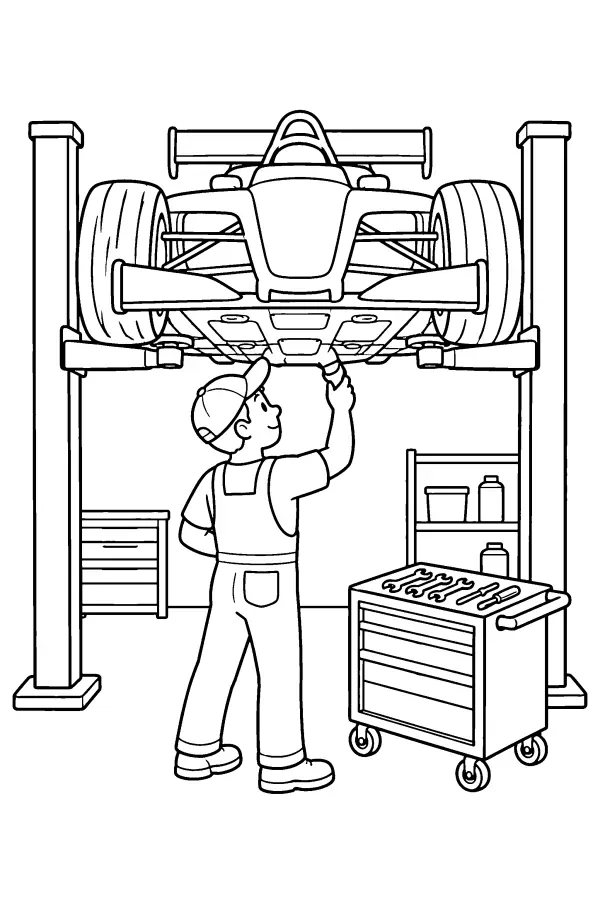 Dessin à colorier d’une voiture de course levée au stand
