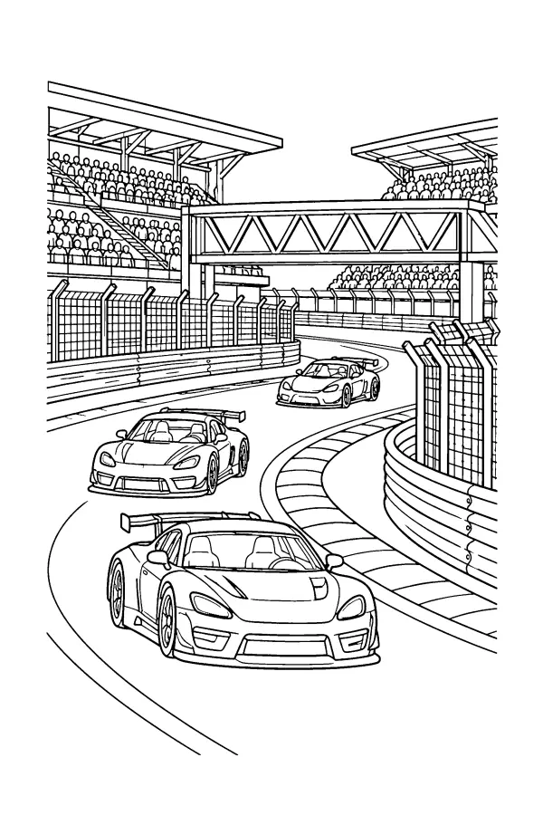 Coloriage détaillé de voitures de course dans un virage