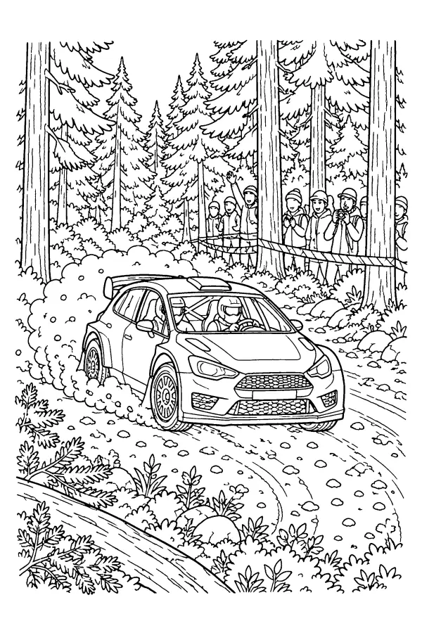 Coloriage détaillé d’une voiture de course en forêt